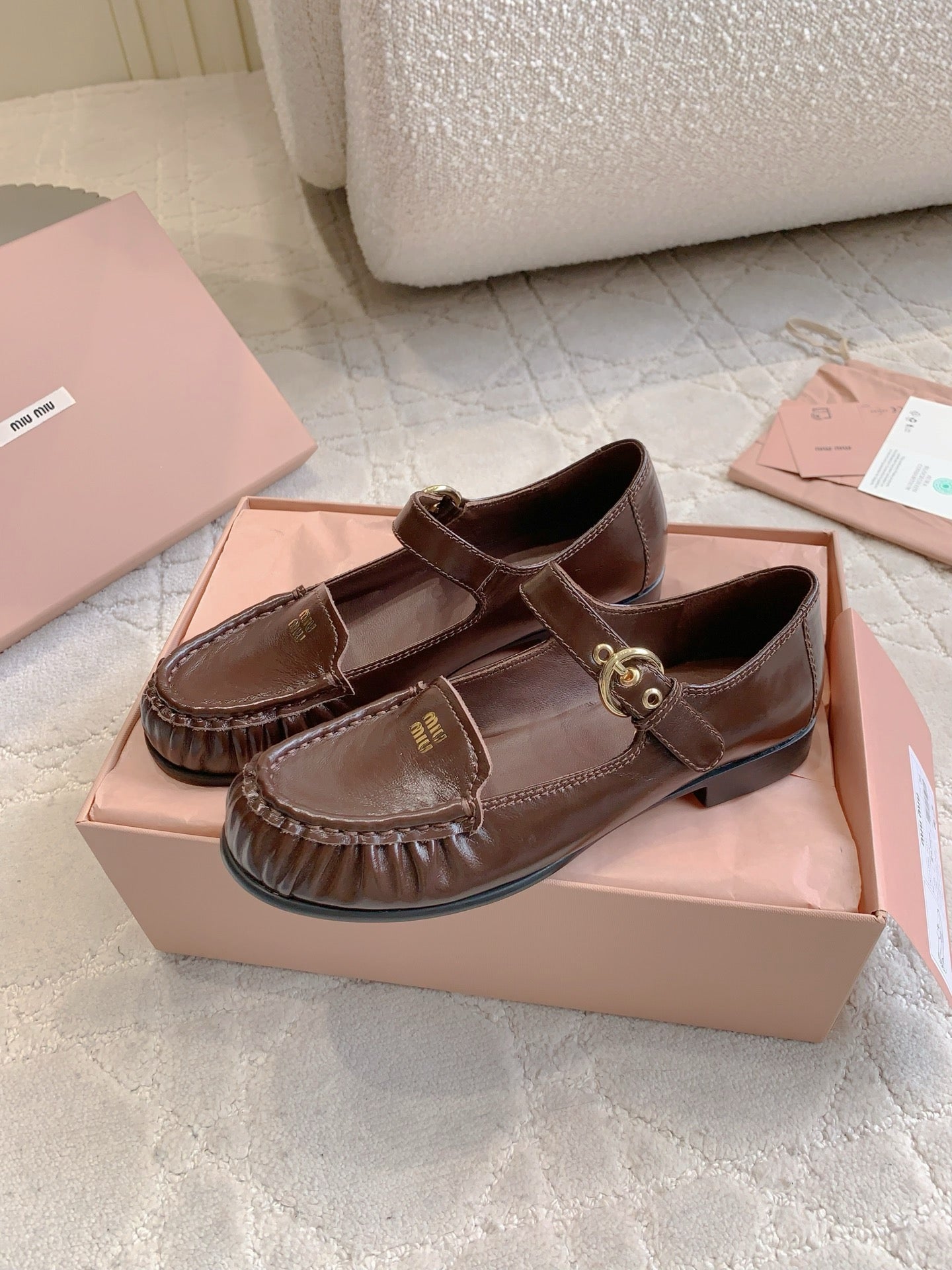 MIUMIU 26S LOAFERS IN BROWN CALFSKIN WITH STRAP