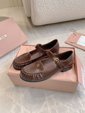 MIUMIU 26S LOAFERS IN BROWN CALFSKIN WITH STRAP