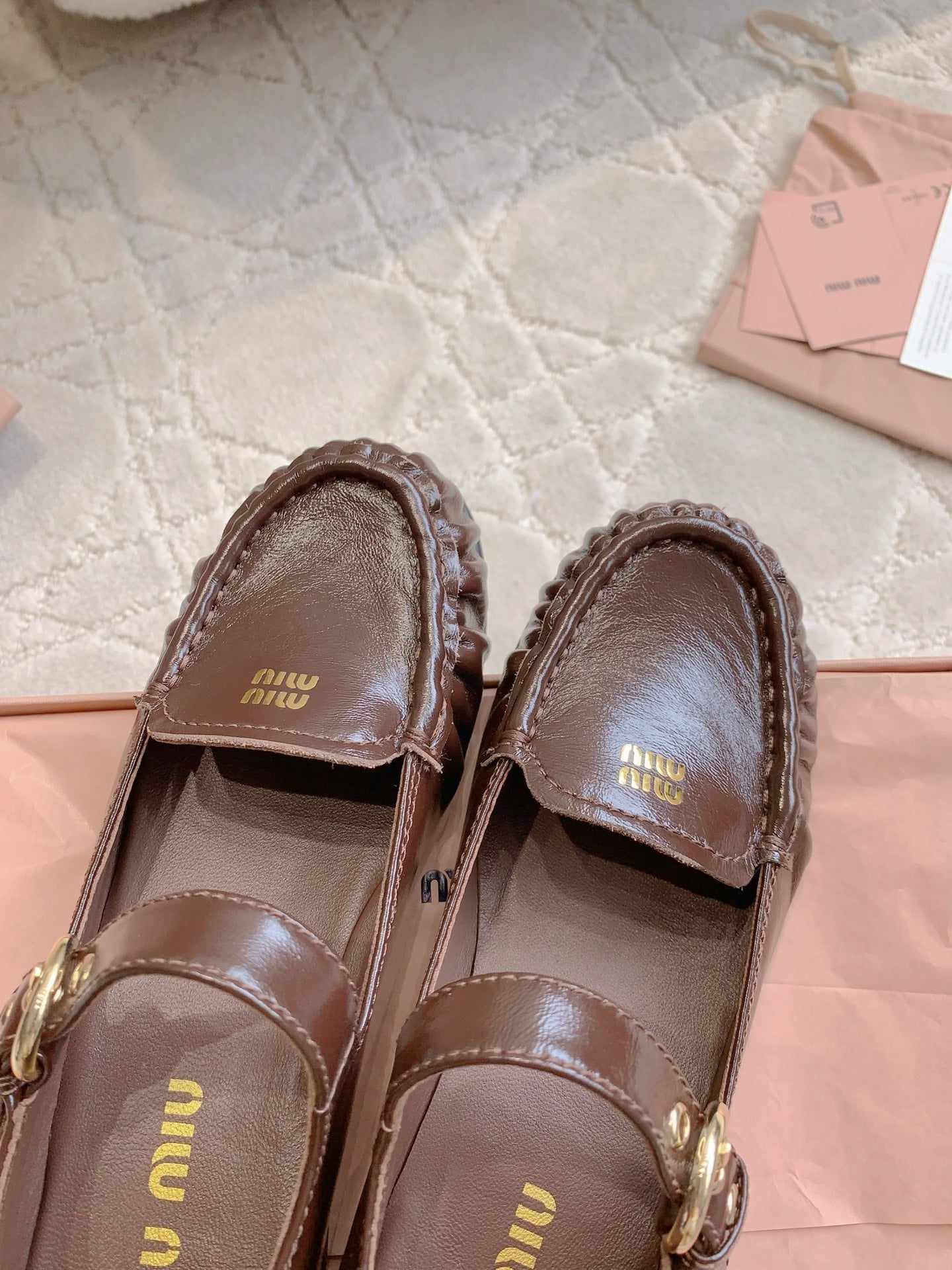 MIUMIU 26S LOAFERS IN BROWN CALFSKIN WITH STRAP