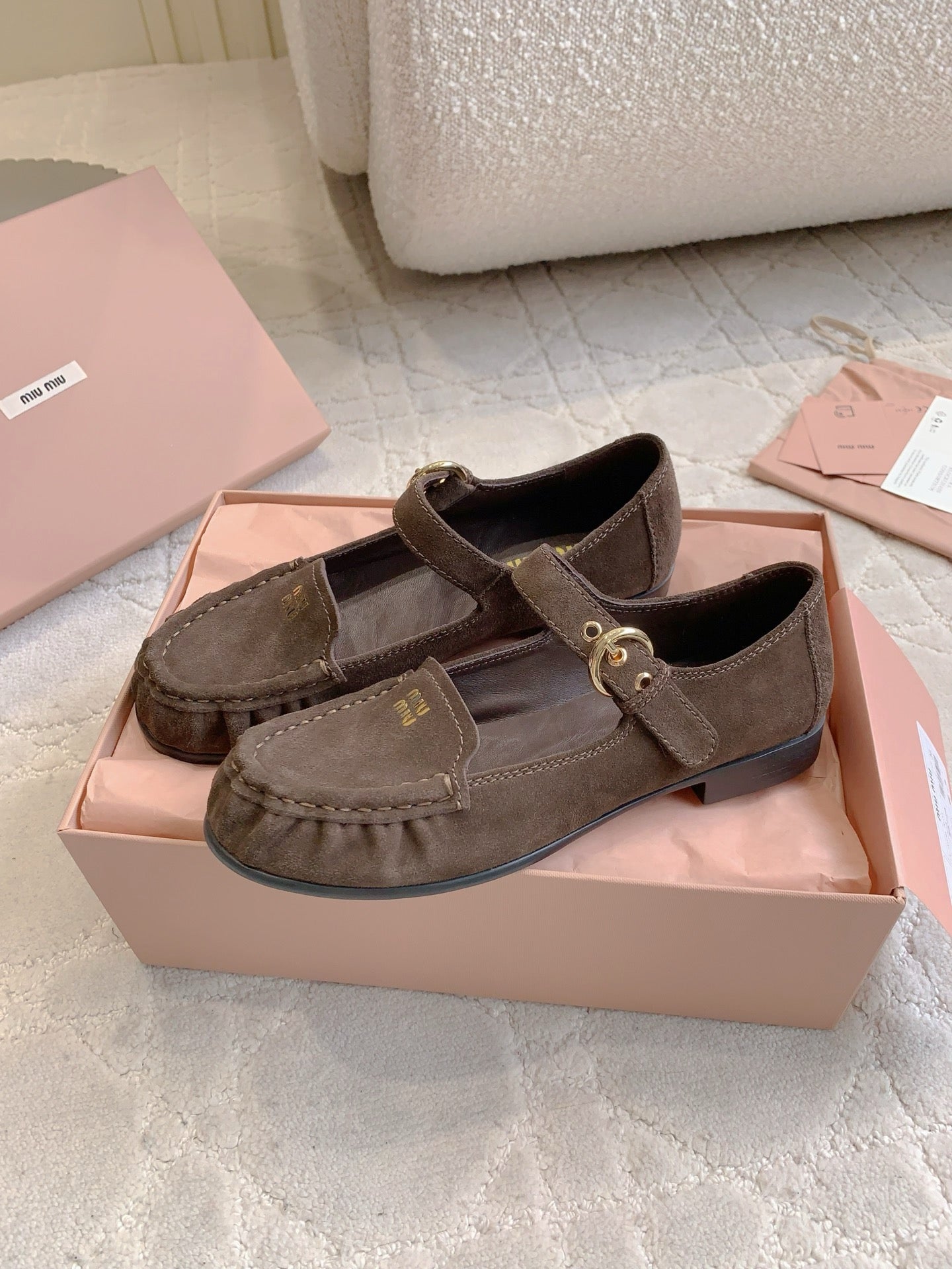 MIUMIU 26S LOAFERS IN BROWN SUEDE WITH STRAP