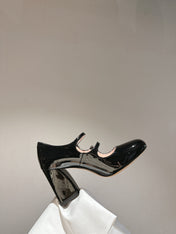 TRÈS VIVIER MARY JANE DOUBLE-STRAP PUMPS IN BLACK PATENT CALFSKIN