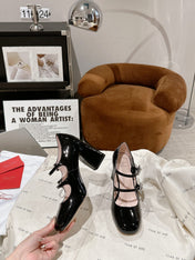 TRÈS VIVIER MARY JANE DOUBLE-STRAP PUMPS IN BLACK PATENT CALFSKIN