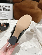 TRÈS VIVIER MARY JANE DOUBLE-STRAP PUMPS IN BLACK PATENT CALFSKIN