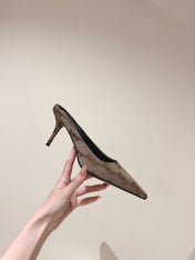 POINTED HIGH MULES IN BEIGE MONOGRAM JACQUARD FABRIC