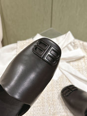 BLACK SHINY LAMBSKIN SQUARE TOE FLAT MULES BLACK BUCKLE