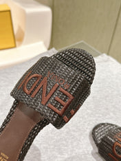 FENDI SIGNATURE MULE SLIDES IN DARK BROWN FIBRE