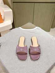 LV WOMEN FLAT MULE IN MAUVE PURPLE SATIN WITH RHINESTONE