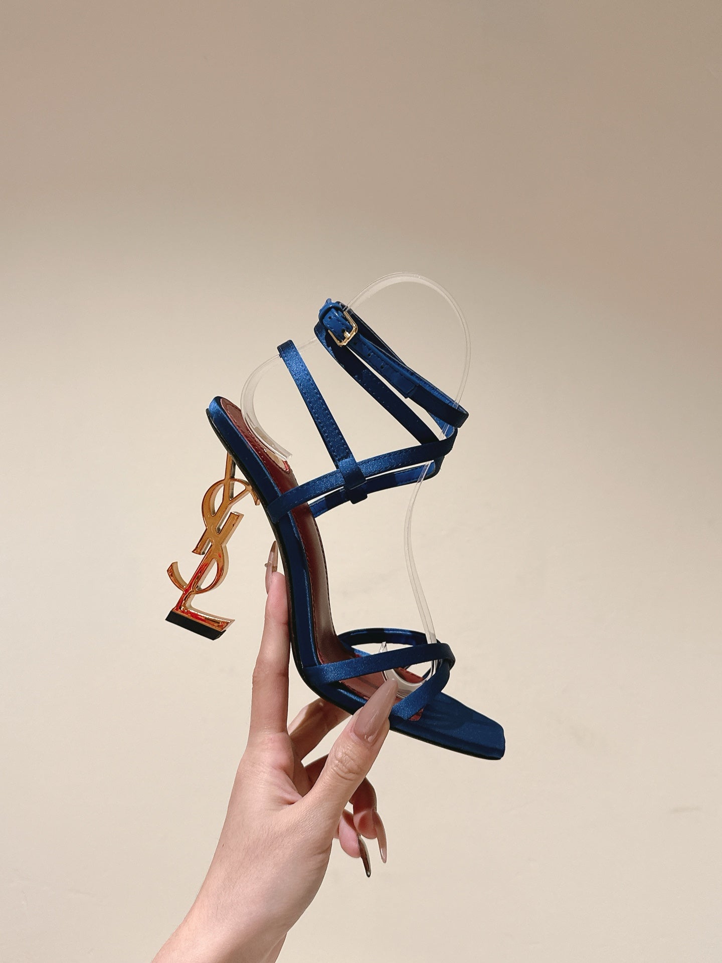YSL 25S HIGH-HEEL SANDALS 100 MM IN DEEP NAVY BLUE SATIN WITH YSL LOGO HEEL DESIGN IN GOLD