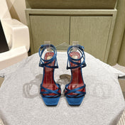 YSL 25S HIGH-HEEL SANDALS 100 MM IN DEEP NAVY BLUE SATIN WITH YSL LOGO HEEL DESIGN IN GOLD
