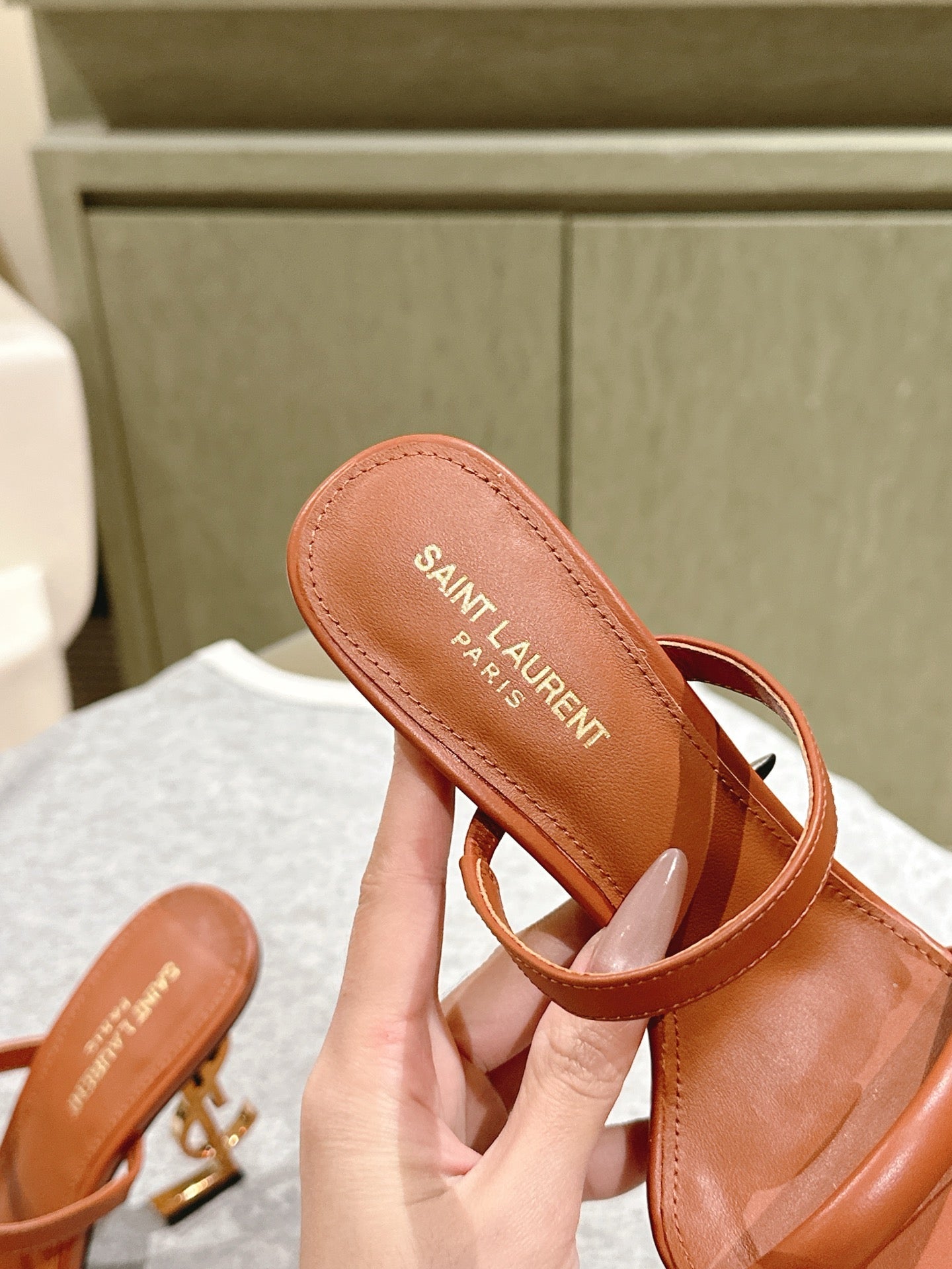 YSL 25S OPYUM HIGH-HEEL SANDALS 100 MM IN BURNT ORANGE BROWN LAMBSKIN