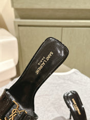 YSL 25S SQUARE-TOE HIGH-HEEL SANDALS 100 MM IN BLACK GLOSSY LAMBSKIN WITH GOLD HARDWARE