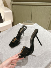 YSL 25S SQUARE-TOE HIGH-HEEL SANDALS 100 MM IN BLACK GLOSSY LAMBSKIN WITH GOLD HARDWARE
