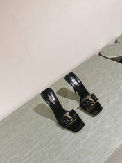 YSL 25S SQUARE-TOE HIGH-HEEL SANDALS 100 MM IN BLACK GLOSSY LAMBSKIN WITH GOLD HARDWARE