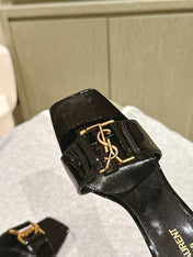 YSL 25S SQUARE-TOE HIGH-HEEL SANDALS 100 MM IN BLACK GLOSSY LAMBSKIN WITH GOLD HARDWARE