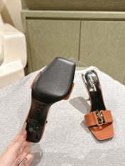 YSL 25S SQUARE-TOE HIGH-HEEL SANDALS 100 MM IN BURNT ORANGE BROWN LAMBSKIN WITH GOLD HARDWARE