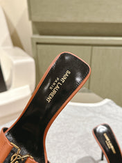 YSL 25S SQUARE-TOE HIGH-HEEL SANDALS 100 MM IN BURNT ORANGE BROWN LAMBSKIN WITH GOLD HARDWARE