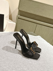 YSL 25S SQUARE-TOE HIGH-HEEL SANDALS 100 MM IN BLACK LAMBSKIN WITH GOLD HARDWARE