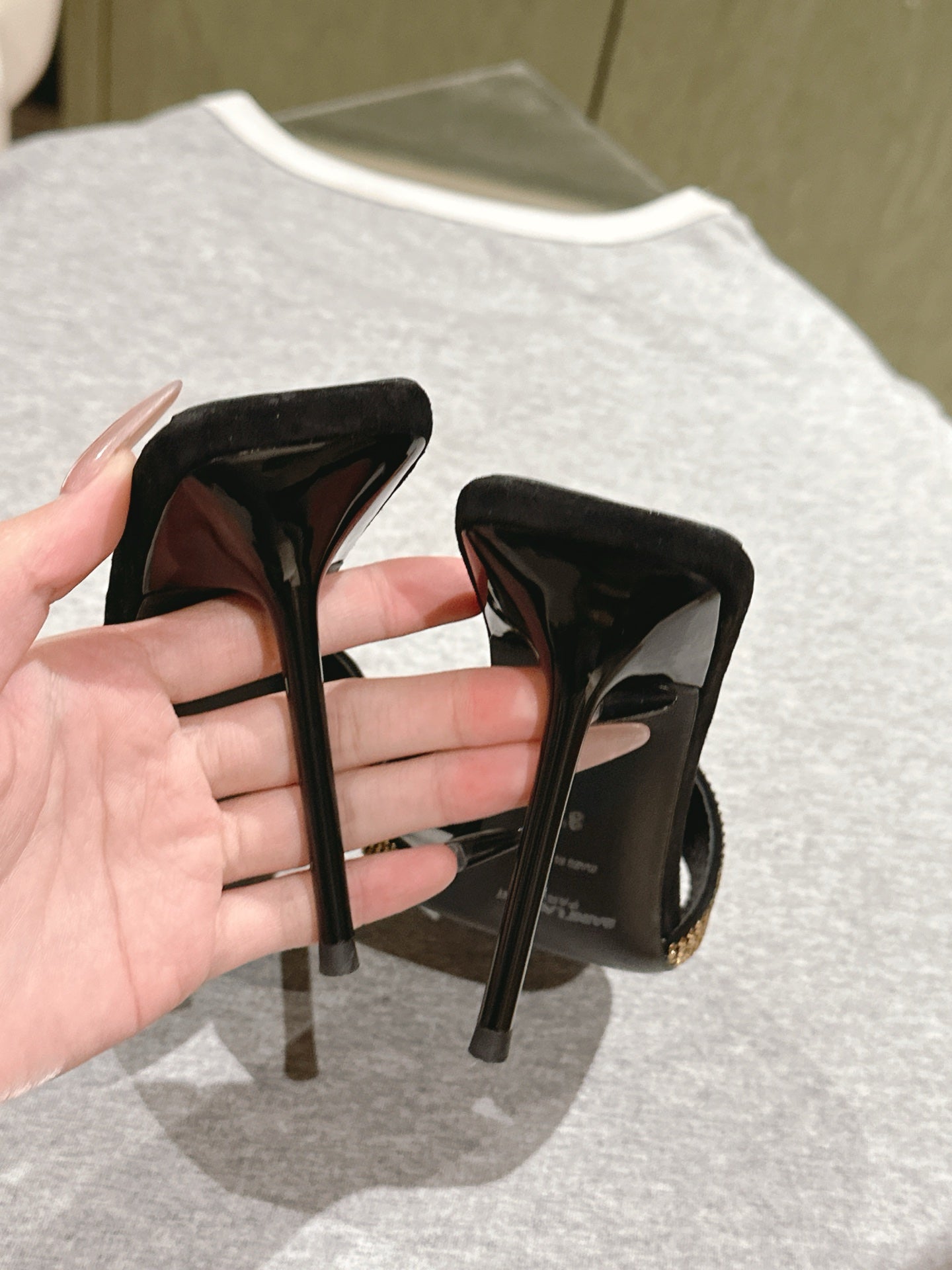 YSL 25S HEELED SANDALS 100 MM IN BLACK LAMBSKIN WITH GOLD RHINESTONE-EMBELLISHED STRAP