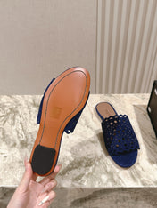 ALAIA PERFORATED SLIDE SANDALS 25S IN NAVY BLUE SUEDE
