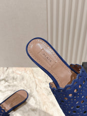 ALAIA PERFORATED SLIDE SANDALS 25S IN NAVY BLUE SUEDE