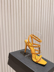 YSL 25S STILETTO HIGH-HEEL SANDALS 100 MM IN DARK ORANGE LAMBSKIN WITH GOLD HARDWARE