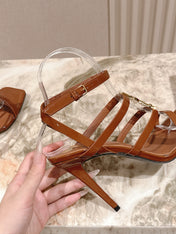 YSL 25S STILETTO HIGH-HEEL SANDALS 100 MM IN BROWN LAMBSKIN WITH GOLD HARDWARE