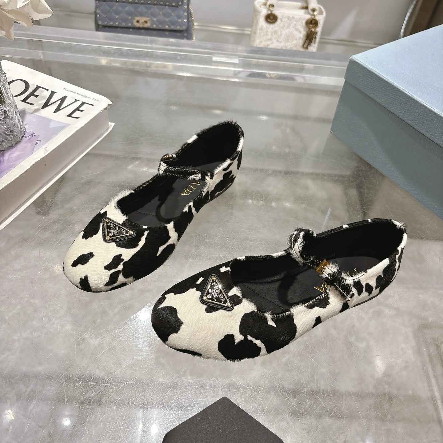 PRADA 25S MARY JANE BALLETS IN BLACK MIX CREAM WHITE HORSEHAIR FABRIC