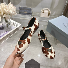PRADA 25S MARY JANE BALLETS IN BROWN MIX CREAM WHITE HORSEHAIR FABRIC