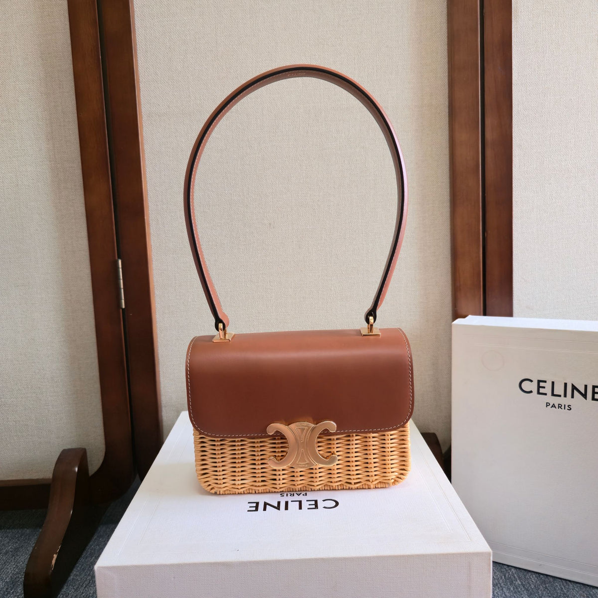 CELINE 25S TEEN GARANCE BAG 18 IN WICKER AND CARAMEL BROWN CALFSKIN