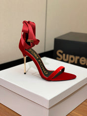 ANKLE SANDAL 10 CM IN RUBY RED VELVET AND SILK
