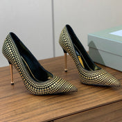 GOLD STUDDED AND BLACK SUEDE POINTED TOE PUMPS