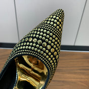 GOLD STUDDED AND BLACK SUEDE POINTED TOE PUMPS