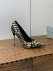 GOLD STUDDED AND BLACK SUEDE POINTED TOE PUMPS