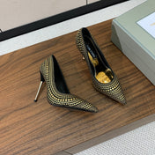 GOLD STUDDED AND BLACK SUEDE POINTED TOE PUMPS