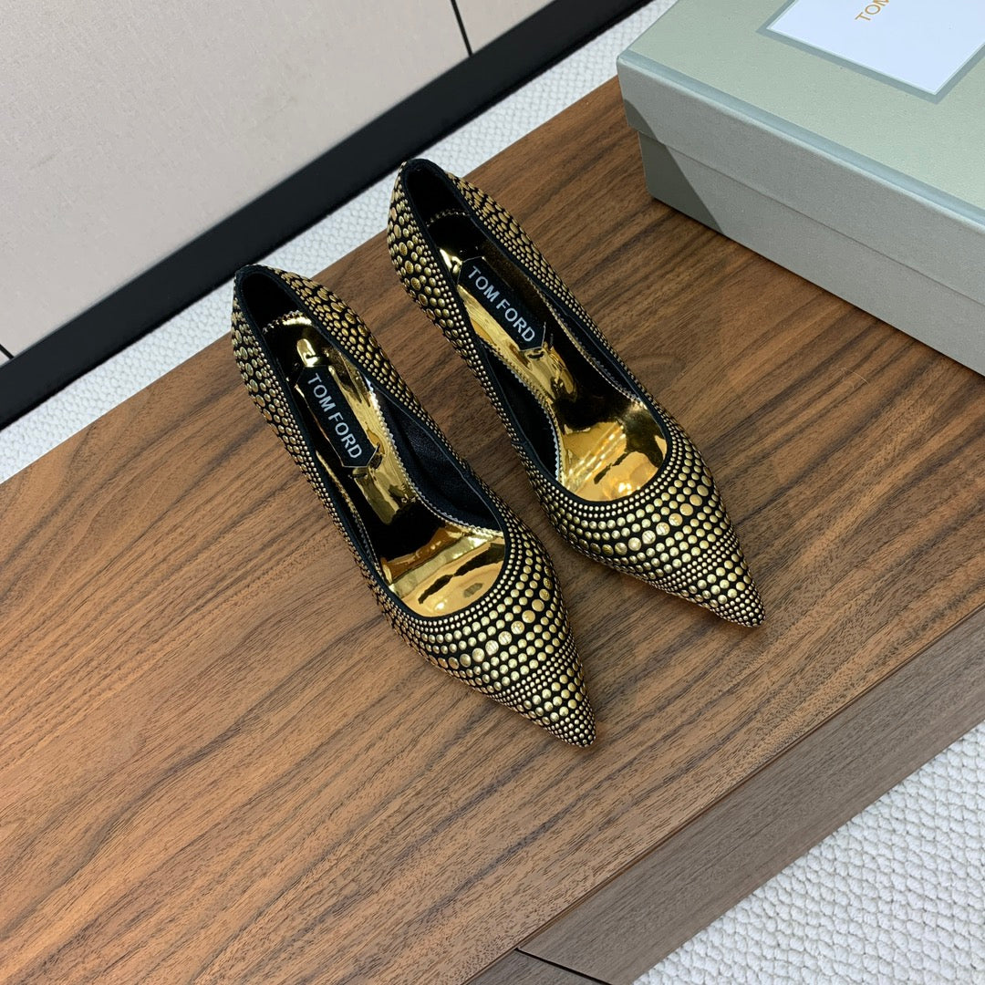 GOLD STUDDED AND BLACK SUEDE POINTED TOE PUMPS