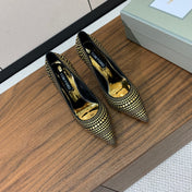 GOLD STUDDED AND BLACK SUEDE POINTED TOE PUMPS