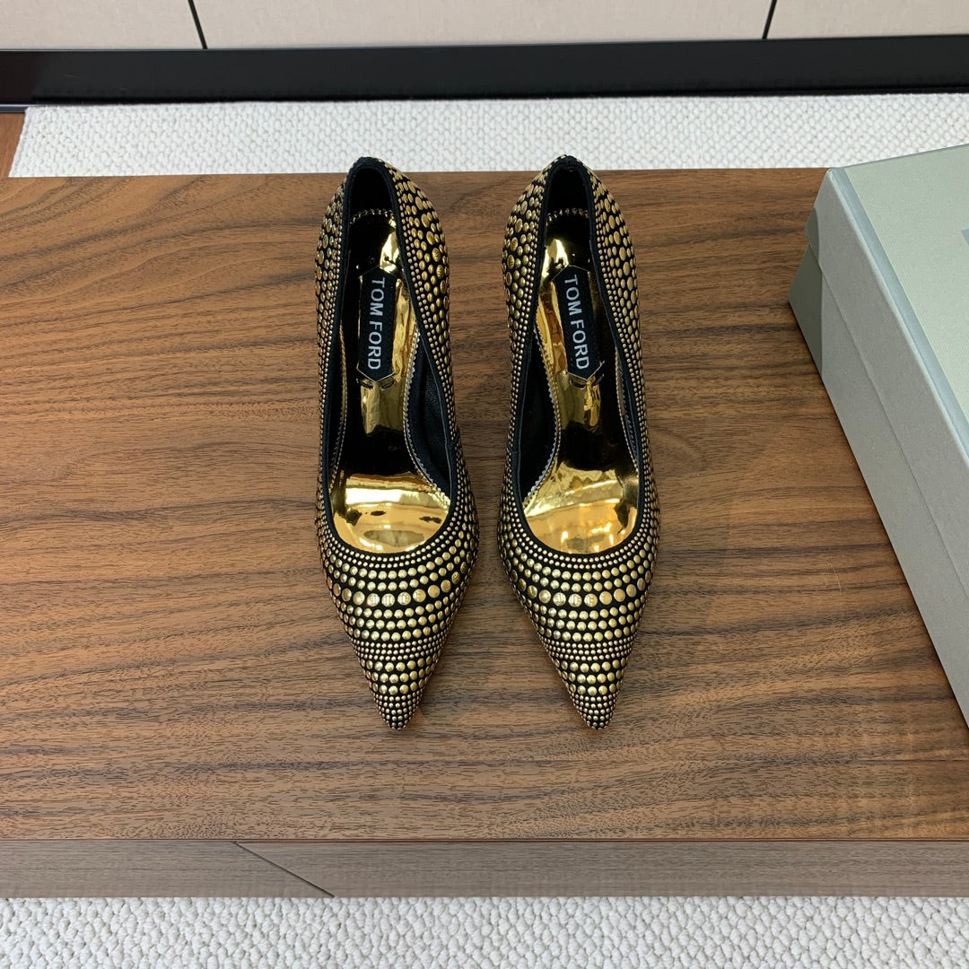 GOLD STUDDED AND BLACK SUEDE POINTED TOE PUMPS