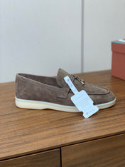 SUMMER WALK LOAFERS BROWN SUEDE SILVER PADLOCK CHARM