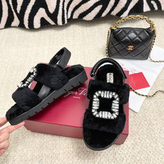 VIV' WINTER FUR STRASS BUCKLE SANDALS IN BLACK SHEEPSKIN