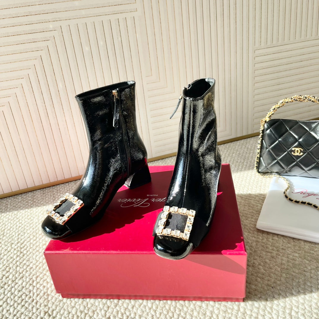 BELLE VIVIER ANKLE BOOTS IN BLACK GLOSSY CALFSKIN RHINESTONE BUCKLE