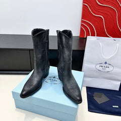 PRADA 25S POINTED-TOE LOW-CUT BOOTS IN BLACK COWHIDE