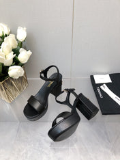 BLOCK HEEL 9 CM SANDAL IN BLACK LAMBSKIN