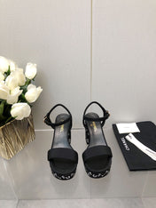 BLOCK HEEL WITH CRYSTAL 9 CM SANDAL IN BLACK FABRIC