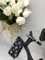 BLOCK HEEL WITH CRYSTAL 9 CM SANDAL IN BLACK FABRIC