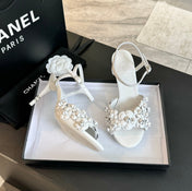 CC Little Camellia World Thin High Sandals White Lambskin