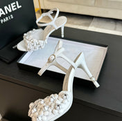 CC Little Camellia World Thin High Sandals White Lambskin