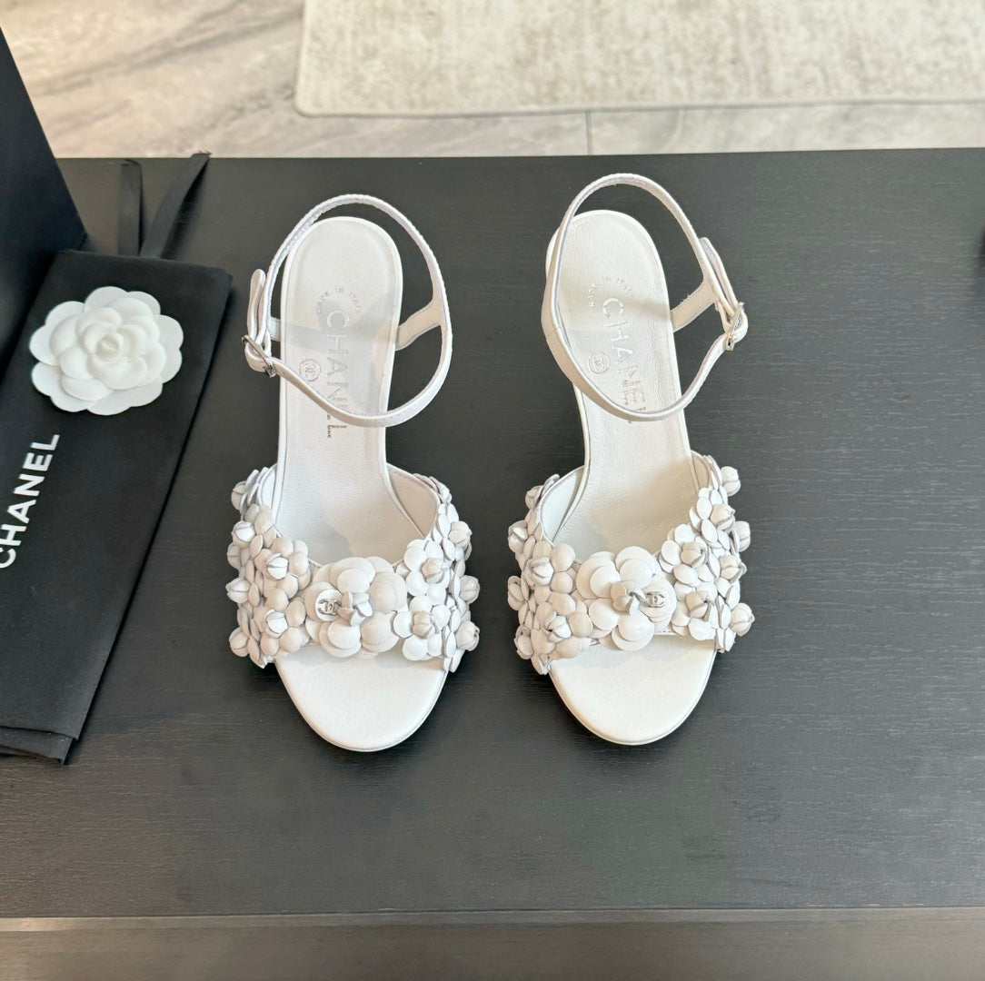 CC Little Camellia World Thin High Sandals White Lambskin