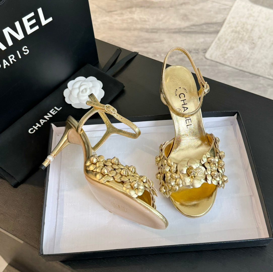 CC Little Camellia World Thin High Sandals Gold Lambskin