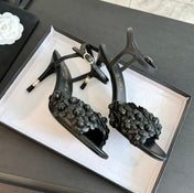 CC Little Camellia World Thin High Sandals Black Lambskin