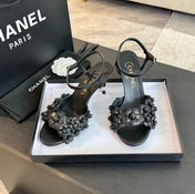 CC Little Camellia World Thin High Sandals Black Lambskin
